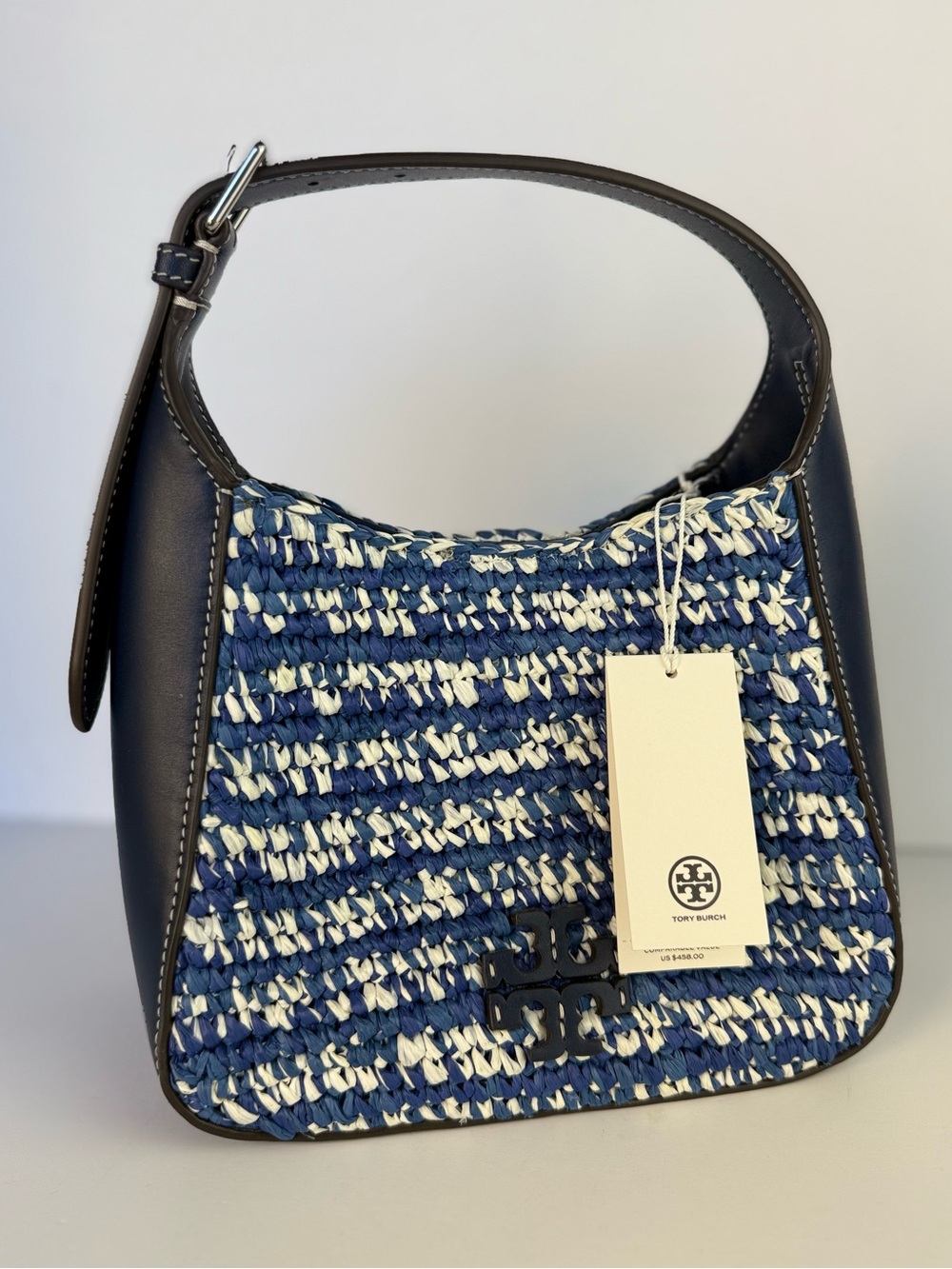 Tory Burch Thea Straw Small Bucket Bag Blue Melange Woven Raffia $458 - Picture 8 of 16